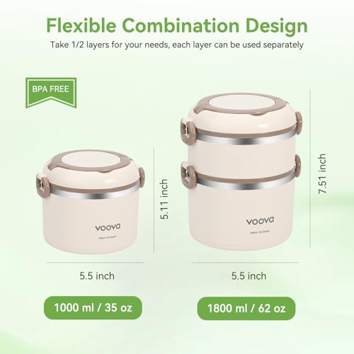 Voova Stackable Stainless Steel Thermal Lunch Box with Lunch Bag for Women Men Adult, 2 Tier Leakproof & Microwave Safe Insulated Bento Boxes Food Container for Work, Beige - color: Beige