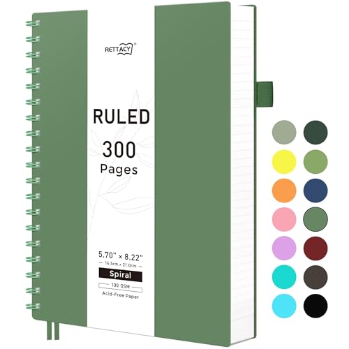 RETTACY Spiral College Ruled Notebook, 300 Pages, A5 Medium Size (5.7" x 8.2"), for School, Work, Writing, Journaling, 100 GSM Thick Paper, Flexible Plastic Cover (Dark Green) - color: Dark Green, size: 5.7" x 8.2"