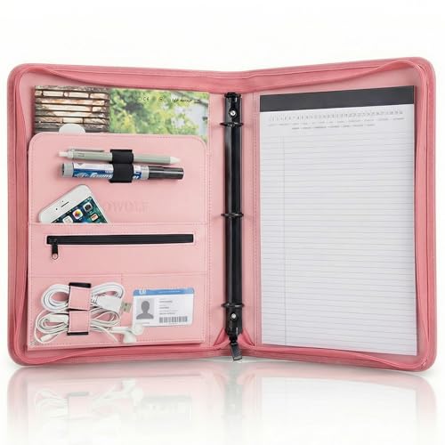 OOWOLF Padfolio Portfolio Folder, PU Leather Professional with 1 inch 3 Ring Binder 8.5 x 11 Letter Size Writing Pad Interview Resume Document Organizer Business Card Holder Zippered Closure Pink - color: Pink, size: 8.8 x 11 Inch