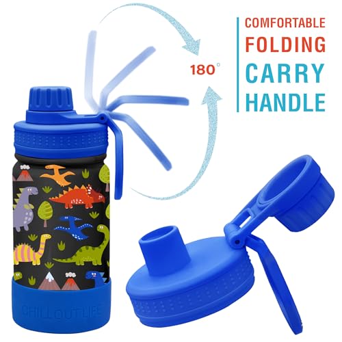 CHILLOUT LIFE 12oz Kids Insulated Stainless Steel Water Bottle with Leak Proof Spout Lid & 144 Stickers - color: Dinosaur, style: 12 oz