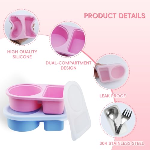 3 Pcs Reusable Snack Containers With Lids,Silicone Snack Containers,Meal Prep Containers,8 Oz Silicone Lunch Box,Includes 304 Stainless Steel Fork & Spoon(3 Color)