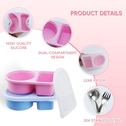 3 Pcs Reusable Snack Containers With Lids,Silicone Snack Containers,Meal Prep Containers,8 Oz Silicone Lunch Box,Includes 304 Stainless Steel Fork & Spoon(3 Color)