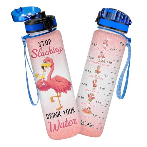 Flamingo Water Bottle 32oz with Time Marker Cute Pink Flamingo Gift Birthday Gift for Women Girls Reusable Daily Motivation Drinking Bottle with Handle and Lid - color: Pink White
