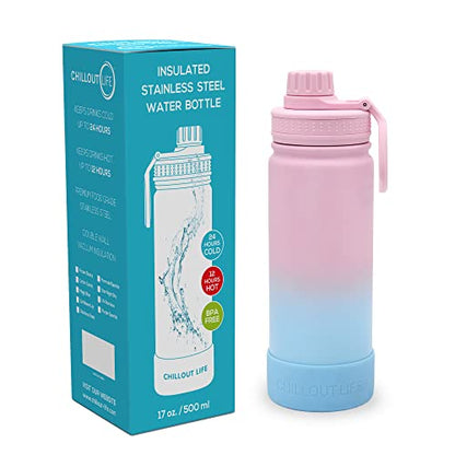 CHILLOUT LIFE 17oz Kids Insulated Stainless Steel Water Bottle with Leak Proof Spout Lid & 144 Stickers - color: Cotton Candy, style: 17 oz