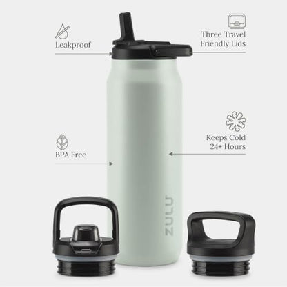 ZULU Base 40oz Stainless Steel Water Bottle with 3 Lids- Straw, Chug, Twist | Double Walled and Vacuum Insulated Metal Thermos | For Gym, Outdoor | Built in Carry Loop, Dishwasher Safe, Sage - color: Sage, style: 40oz