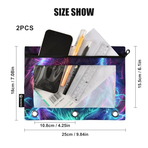Neon Wolf Galaxy Wolves Pencil Pouch for 3 Ring Binder 2 Pack Zipper Binder Pencil Bag with Clear Window Pencil Case for Office Supplies - color: Multi71