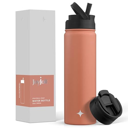 JoyJolt Triple Insulated Water Bottle with Straw Lid AND Flip Lid! 22oz Water Bottle, 12 Hour Hot/Cold Vacuum Insulated Stainless Steel Water Bottle. BPA-Free Leakproof Water Bottles - Thermos Bottle - color: Terracotta, size: 22 Ounces
