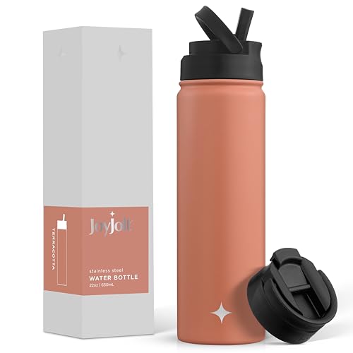 JoyJolt Triple Insulated Water Bottle with Straw Lid AND Flip Lid! 22oz Water Bottle, 12 Hour Hot/Cold Vacuum Insulated Stainless Steel Water Bottle. BPA-Free Leakproof Water Bottles - Thermos Bottle - color: Terracotta, size: 22 Ounces