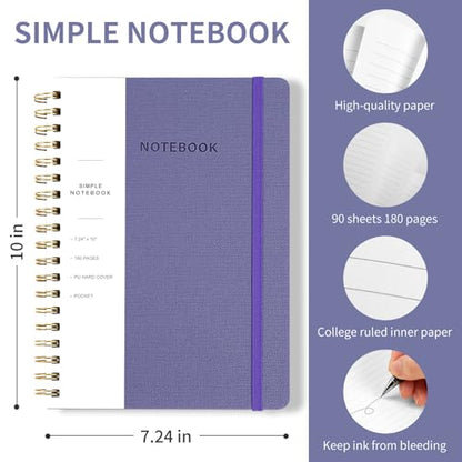 Spiral Notebook - 7.24" x 10" College Ruled Journal with Inner Pockets and 180 Pages, PU Leather Cover Business Journal, Twin-Wire Binding Notebook Perfect for Office & Home School Supplies Violet - color: 005-Violet-1pack, size: B5-180 pages
