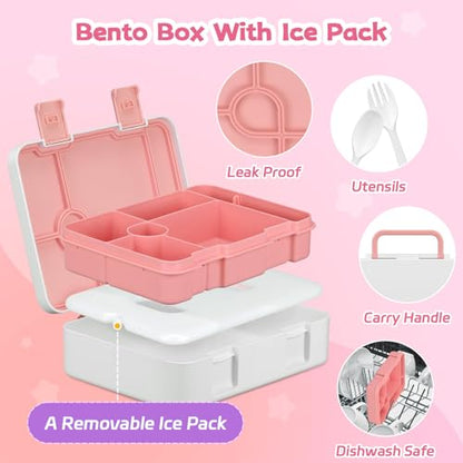 Bento Lunch Box Kids and 9oz Soup Thermo – 5.5-Cup Leakproof Kids Bento Box with Ice Pack & 9oz Insulated Food Jar – Hot & Cold Food Lunch Container for Boy Girl School, Pink Set - color: Pink Set