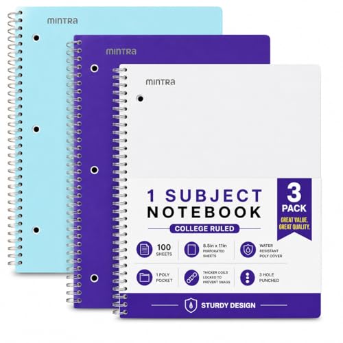 Mintra Office Durable Spiral Notebooks, 1 Subject, (Teal, Purple, White, College Ruled 3 Pack), 100 Sheets, Poly Pocket, Moisture Resistant Cover, School, Office, Business, Professional - color: aTeal, Purple, White, size: College Ruled 3pk