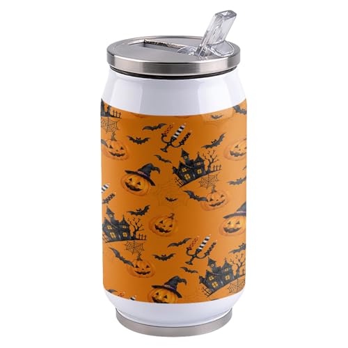 T&H XHome Halloween 14oz Stainless Steel Tumbler with Lid & Straw-Double Wall Vacuum Insulated Travel Mug Pumpkin Haunted Castle Bats Orange Water Bottle Coffee Beverage Drinks Cup - size: 14 Ounces