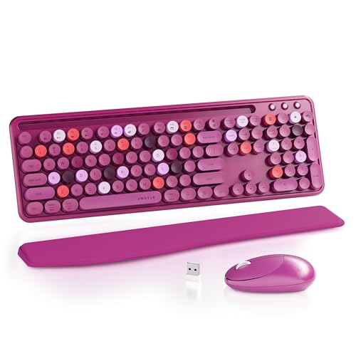 UBOTIE Ergonomic Wireless Keyboard and Mouse Combo with Phone Holder Wrist Rest, Round Colorful Keys, Power Switches, 2.4GHz USB Receiver, Full-Size QWERTY Layout for PC Laptop (Rosy-Road) - color: Rosy-Red