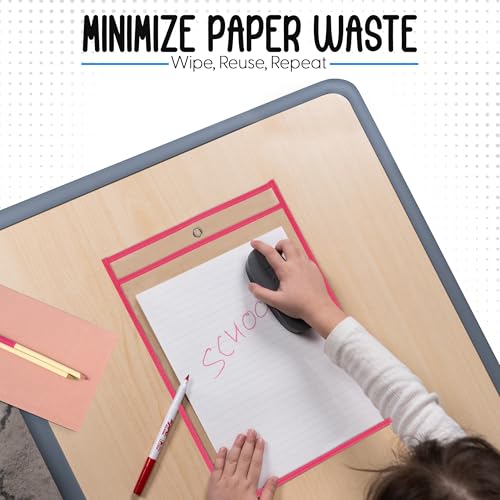 Essex Wares - 6 Pack, Hot Pink, Durable Water-Resistant Dry Erase Pocket Document Protectors, 10" Wide x 13.5" Tall - Dry Erase Clear Plastic Sleeves - Reusable & Easy Erase Plastic Invoice Holders - color: Hot Pink