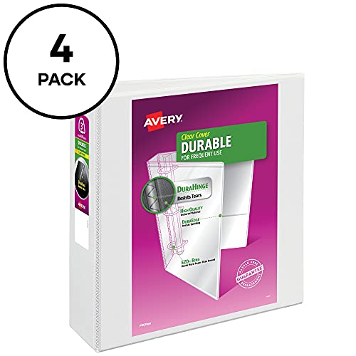 Avery Durable Clear View 3 Ring Binders, 3 Inch Binder Rings, 4 White Binders (09203) - size: 3", style: 4 Pack