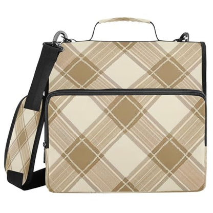 Light Brown Plaid Pattern Zipper Binder 3 Ring with Shoulder Strap and Handle Multiple Pockets Expanding File Folder Organizer