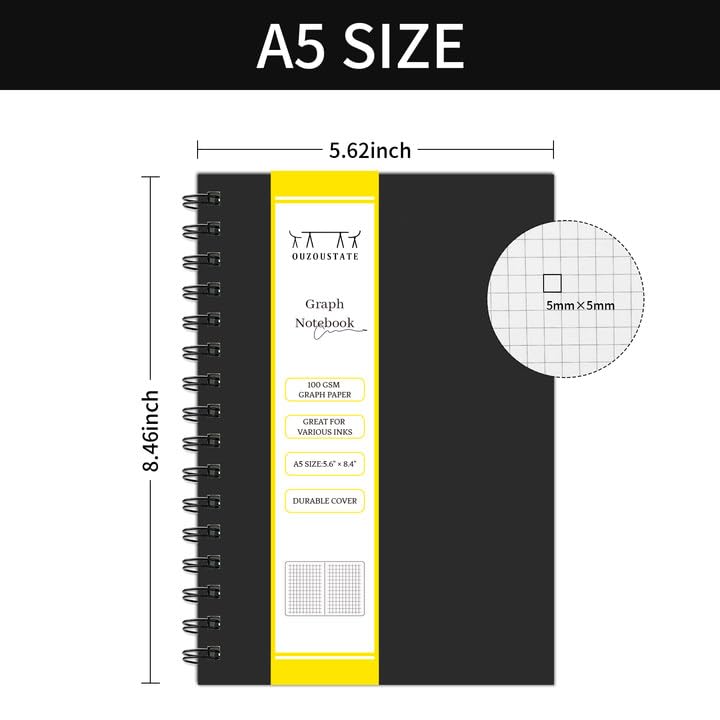 Graph Paper Spiral Notebook A5 Grid Journal 5.62"x 8.4" - 4 Pack 160 Pages 100GSM Thick Paper Hardcover Notebooks for Note Taking Engineering Graphing Work School Supplies,Black - color: Black-Graph