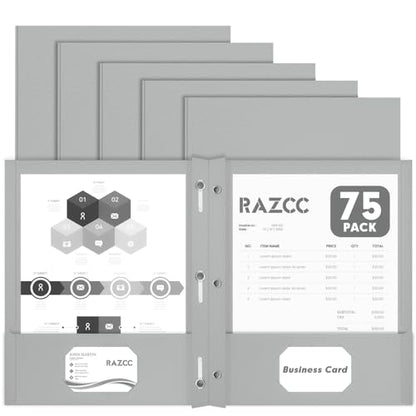 Two Pocket Folders, RAZCC 75 Pack Two Pocket Folders with Prongs, 3 Prong Folders Fit Letter Size Paper, Pocket File Folders for School Office Home Business, Grey - color: Grey