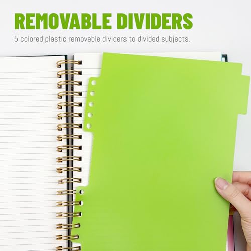 Hardcover Spiral Notebook with removable dividers 300 page,5 Subject Notebook 8"x10" B5 College Ruled Notebooks for School Note taking，Lined Journal for Women (Green) - color: GREEN
