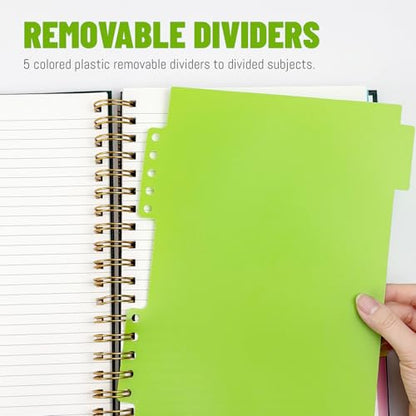 Hardcover Spiral Notebook with removable dividers 300 page,5 Subject Notebook 8"x10" B5 College Ruled Notebooks for School Note taking，Lined Journal for Women (Green) - color: GREEN