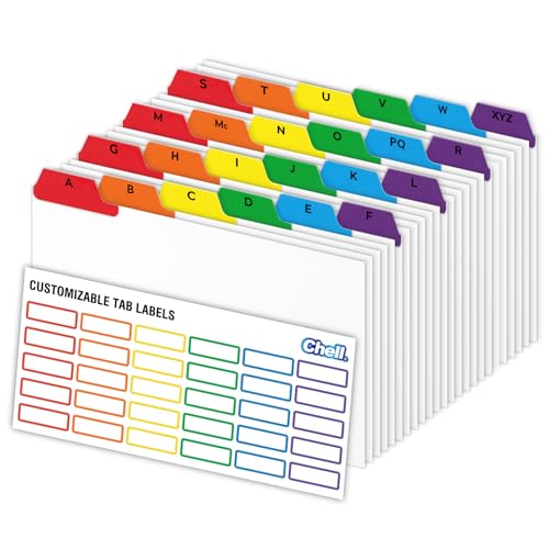 Chell 5"x8" Index Card Dividers, A-Z Tabbed, with Blank Stickers, 1 Set | Bright Colors, Heavyweight, Made of 110 lb. Cover Weight Paper, Alphabetical, Blank Stickers - size: 5"x8"