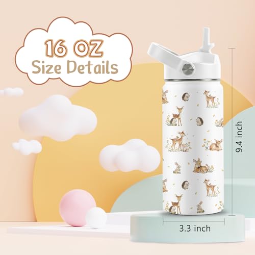 Forest Animals Lovers Gifts, 16 oz Water Bottles with Straw Lid, Stainless Steel Insulated Water Bottle, Cute Deer Hedgehog Rabbit Cups Gifts for Birthday Christmas - color: Cute Animals