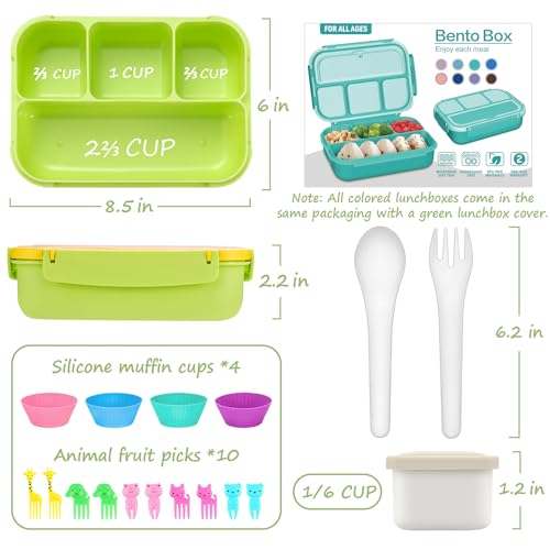 QQKO Bento Box for Kids Adults, School Toddler Lunch Box for Boys Girls, Lunch Box Containers with 4 Compartments, Sauce Container, Utensils, Food Picks and Muffin Cups for School, Pink Yellow Green - color: Pink Yellow Green