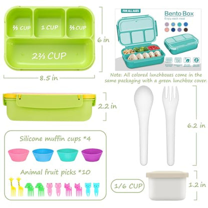 QQKO Bento Box for Kids Adults, School Toddler Lunch Box for Boys Girls, Lunch Box Containers with 4 Compartments, Sauce Container, Utensils, Food Picks and Muffin Cups for School, Pink Yellow Green - color: Pink Yellow Green