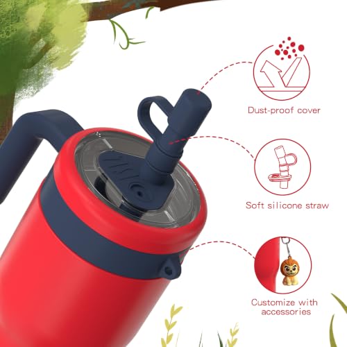 OISIZ 14oz Kids Tumbler with Straw Lid & Handle,Kids Cup with Animal Accessory for School,Kids Water Bottles with Dust-proof Cover,Leakproof Water Bottles,316 Stainless Steel,Keep Cold 24 Hours-red - color: old glory red
