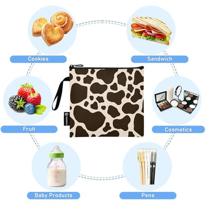 Reusable Food Storage Bags Cow Print Pattern 3 Pack Set Lunch Bag Compact Sandwich Snack Bag Small Medium Large for Lunch, Travel & Organization - color: Bag 26
