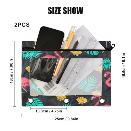 Blueangle Flamingo and Palm Leaves Pencil Pouch for 3 Ring Binder, 2 Pack Clear Window Zipper Pencil Bags for Office