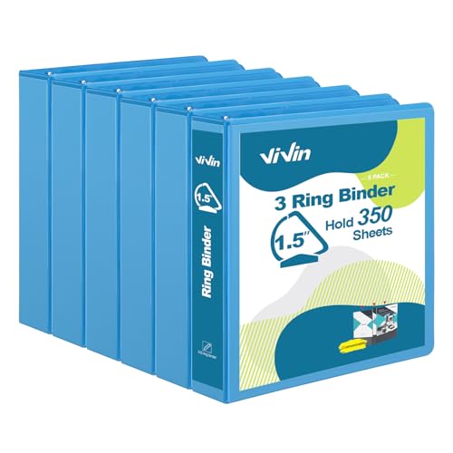 ViVin Sturdy 1.5 Inch 3 Ring Binder with Pockets, Slant-D Ring, PVC-Free, Customizable Clear View Binder,Holds 350 Sheets of 8.5" x 11" Paper, 6 Pack (Light Blue) - color: Light Blue, size: 1.5 Inch