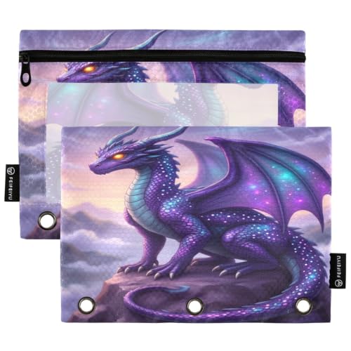 Gredecor 3 Ring Binder Pencil Pouch, Dragon Purple Galaxy Zippered Pen Case Pouches with Clear Window, 2 Pack Stylish Office & School Supplie - color: Dragon Purple Galaxy
