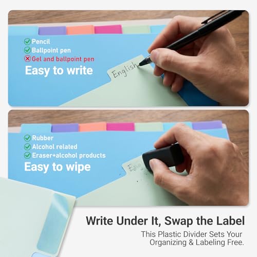 8 Tabs Durable Plastic Write & Erase Large Tabs Dividers for 3 Ring Binders, Rectangle Binder Dividers with Sticker for Study, Teacher, Office, Home Organizers (Multi A, 3 Set (24 Tab)) - size: 3 Set (24 Tab)