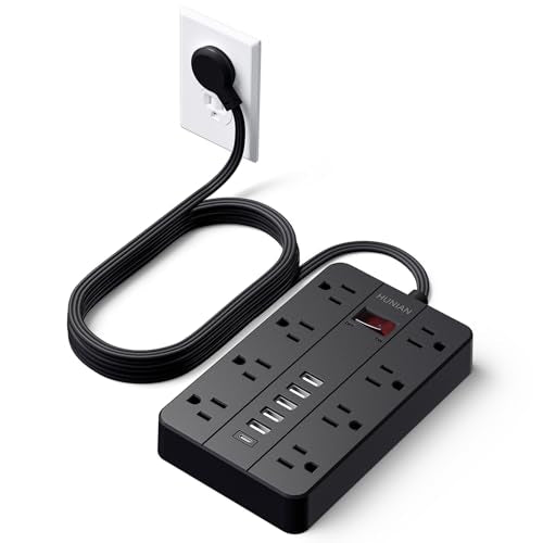 Power Strip with Multiple Outlets, HUNIAN Flat Plug 10 Ft Long Extension Cord with 8 Widely Spaced Outlets 6 USB (1 USB C Port), Wall Mount Charging Station for Home and Office - color: Black, size: 10FT