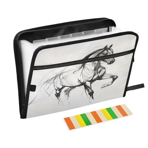 Horse Line 13 Pocket File Organizer Expanding File Folder with Front Pouch Portable Business File Storage Document Organizer Folder with Zipper - color: Horse Line