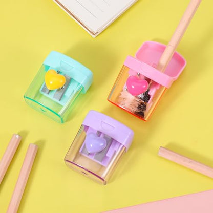 3 PCS Heart Pencil Sharpener, Colorful Dual Holes Pencil Sharpener with Lid Handheld Small Manual Crayon Sharpeners for Home and Office (Green, Purple, Pink)