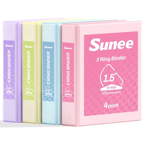 SUNEE 3 Ring Binder 1.5 Inch D Ring, Clear View Binder Three Ring PVC-Free (Fit 8.5x11 Inches) for School or Office Supplies, Assorted Pastel, 4 Pack - size: 1.5 Inch