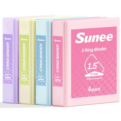SUNEE 3 Ring Binder 1.5 Inch D Ring, Clear View Binder Three Ring PVC-Free (Fit 8.5x11 Inches) for School or Office Supplies, Assorted Pastel, 4 Pack - size: 1.5 Inch