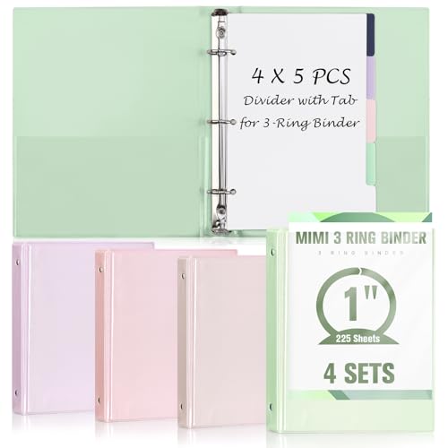 4 Pack Mini 3 Ring Binder 5.5 x 8.5 with 5 Dividers Tabs Cute Binders Organizer Junior Size Binder 1" Round Rings Holds Up to 225 Sheets for School Office A5 Size Paper (Beige&Green&Purple&Pink)