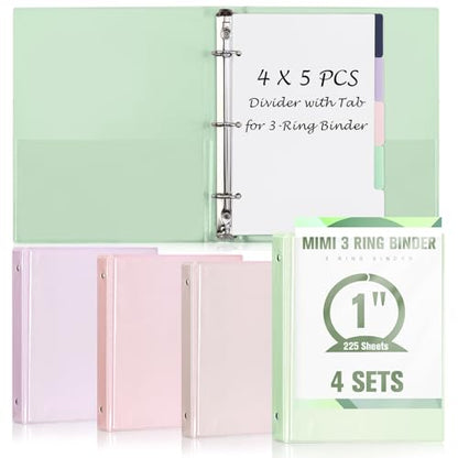 4 Pack Mini 3 Ring Binder 5.5 x 8.5 with 5 Dividers Tabs Cute Binders Organizer Junior Size Binder 1" Round Rings Holds Up to 225 Sheets for School Office A5 Size Paper (Beige&Green&Purple&Pink)