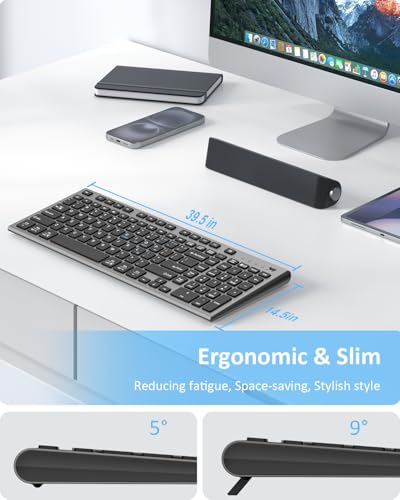 FENIFOX Wireless Keyboard, Bluetooth & 2.4G USB & USB-C Rechargeable Silent Ultra Quiet Low Profile Compact Full Size with Number Pad Soft Multi Device for Mac MacBook Windows PC - Black & Grey - color: Black Gray