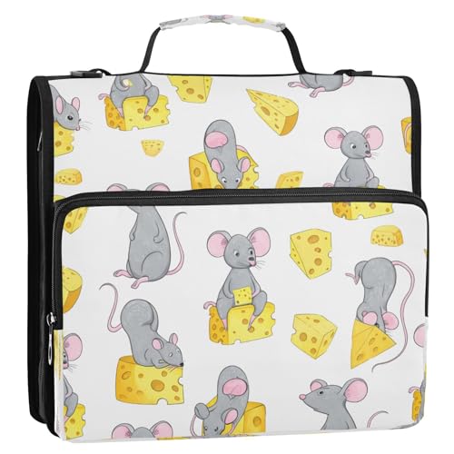 Kigai Gray Mouse 3 Ring Zipper Binder Organizer, Large Capacity Binder Bag Holds 500 Sheets, Water Resistant Multi-Pocket Binder with Shoulder Strap for School Office Teachers