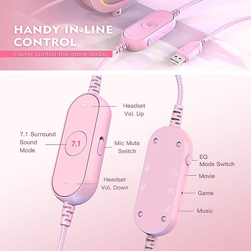 FIFINE PC Gaming Headset, USB Wired Headset with Microphone, 7.1 Surround Sound, in-Line Control, Computer RGB Over-Ear Headphones for PS4/PS5, for Streaming/Game Voice/Video-AmpliGame H6 (Pink) - color: Pink