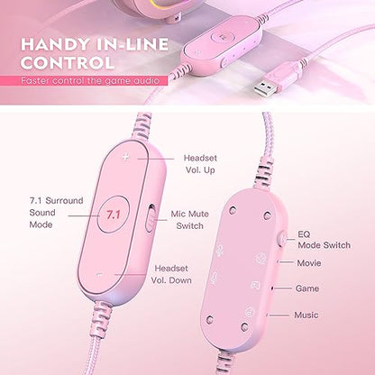 FIFINE PC Gaming Headset, USB Wired Headset with Microphone, 7.1 Surround Sound, in-Line Control, Computer RGB Over-Ear Headphones for PS4/PS5, for Streaming/Game Voice/Video-AmpliGame H6 (Pink) - color: Pink