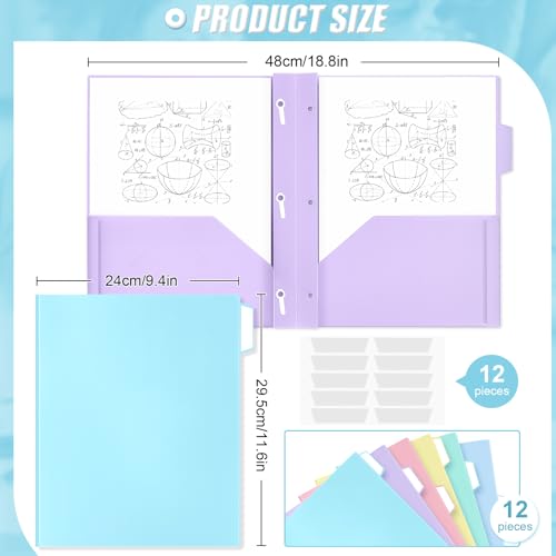 12 Pack Pastel Plastic Pocket Folders with 3 Prongs & Tabs, Cute Folder, 2 Pocket File Folders for Letter Size Paper, Nurse Folder, Heavy Duty for School & Office Organization - style: 3 Prongs Fasteners Style