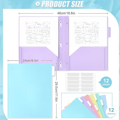 12 Pack Pastel Plastic Pocket Folders with 3 Prongs & Tabs, Cute Folder, 2 Pocket File Folders for Letter Size Paper, Nurse Folder, Heavy Duty for School & Office Organization - style: 3 Prongs Fasteners Style