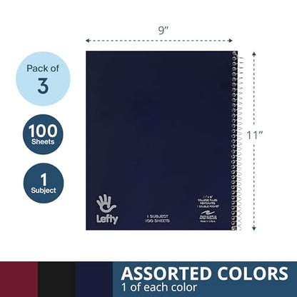 ROARING SPRING Lefty Spiral Notebook, Left-Handed One Subject Notebook, 3 Pack, 11" x 9", 100 Sheets, College-Ruled, Perforated, Assorted Saranac Covers, Made in USA