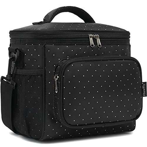 FlowFly Insulated Reusable Lunch Bag Adult Large Lunch Box for Women and Men with Adjustable Shoulder Strap,Front Zipper Pocket and Dual Large Mesh Side Pockets,Dot - color: Dot