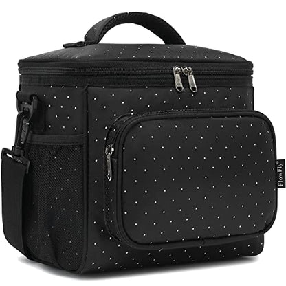FlowFly Insulated Reusable Lunch Bag Adult Large Lunch Box for Women and Men with Adjustable Shoulder Strap,Front Zipper Pocket and Dual Large Mesh Side Pockets,Dot - color: Dot